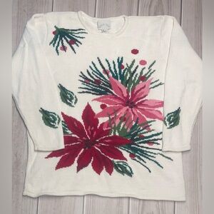 Belle Isle Size 1X Poinsettia Festive Ivory Holiday Christmas Sweater
